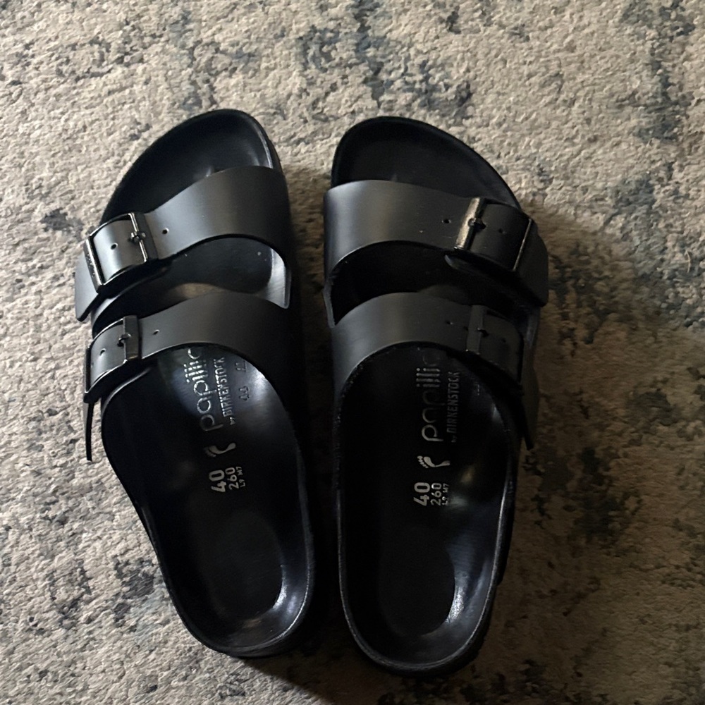 Papillio Birkenstock genuine leather Black Double Buckle Slides